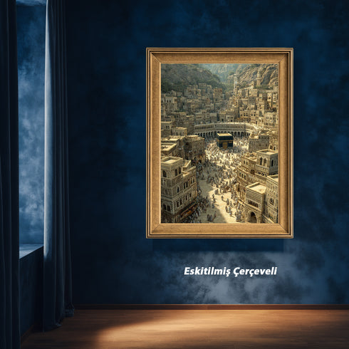 Eski Kabe-i Muazzama ve Mekke Şehir Manzarası Kanvas Tablo – Hac ve Umre Temalı İslami Duvar Dekoru, Dini ve Manevi Salon Tablosu
