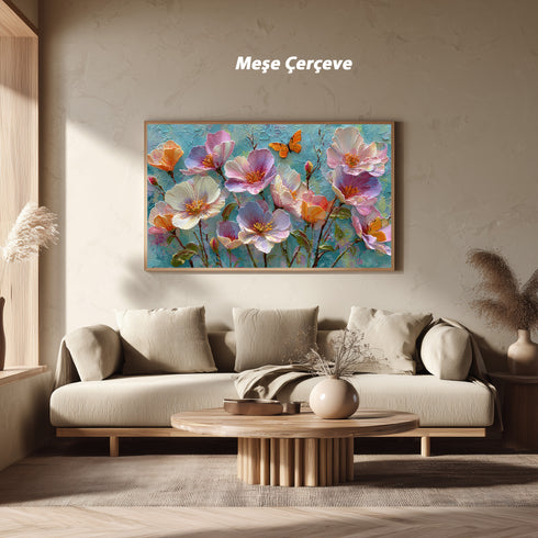Turkuaz Zeminli Renkli Çiçekler ve Kelebek Tablosu Modern Soyut Kanvas Duvar Dekoru Salon Yatak Odası İçin Canlı Tasarım