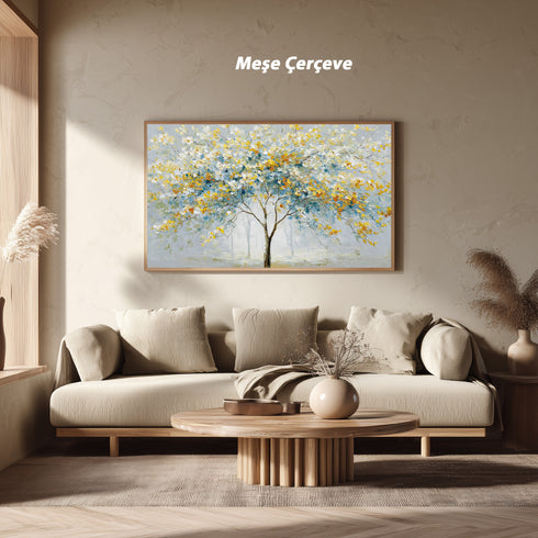 Modern Soyut Ağaç Tablosu Mavi Sarı Yapraklı Kanvas Duvar Dekoru, Salon Yatak Odası Büyük Boy Sanatsal Tablo