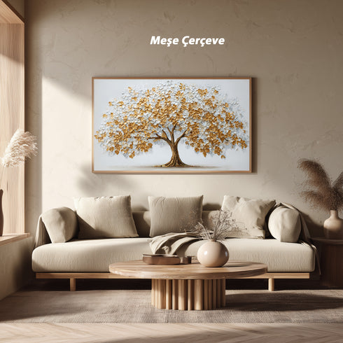 Altın ve Beyaz Çiçekli Hayat Ağacı Tablosu Kabartmalı Lüks Modern Kanvas Duvar Dekoru Salon Yatak Odası İçin Büyük Boy Tasarım