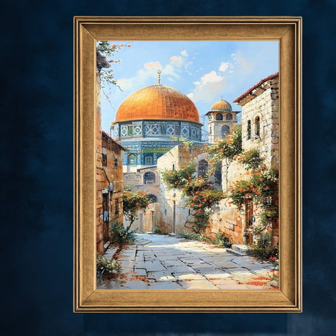 Kubbetüs Sahra ve Tarihi Taş Sokaklar, Çiçeklerle Bezeli Kudüs Manzarasında Huzur ve Maneviyat Yansıtan Sanat Tablosu
