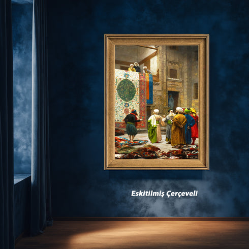 Oryantal Halı Pazarı Sahnesi Sanat Tablosu Poster, Geleneksel Doğu Mimarisi ve Renkli Figürlerle Klasik Tarihi Duvar Sanatı