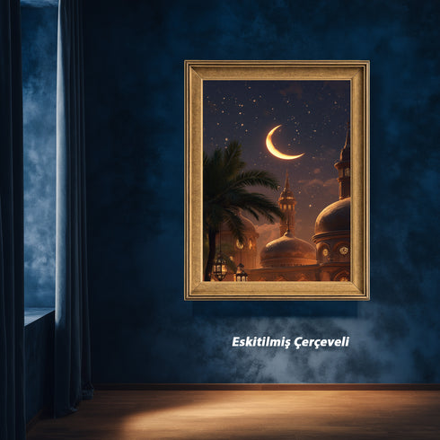 Hilal ve Yıldızlı Gece Camii Manzarası Kanvas Tablo – Ramazan Temalı İslami Duvar Dekoru, Dini ve Manevi Salon Tablosu