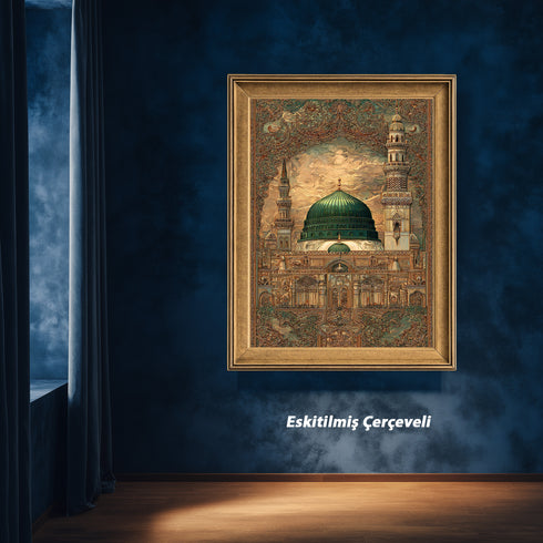 Mescid-i Nebevi Yeşil Kubbe Osmanlı Desenli Kanvas Tablo – İslami Sanat Motifli Dini Duvar Dekoru, Medine Temalı Salon Tablosu