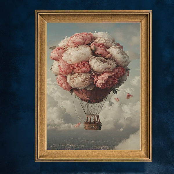 Çiçeklerden Sıcak Hava Balonu Sanat Baskısı, Pembe Şakayıklarla Masalsı Gökyüzü ve Romantik Vintage Duvar Dekoru