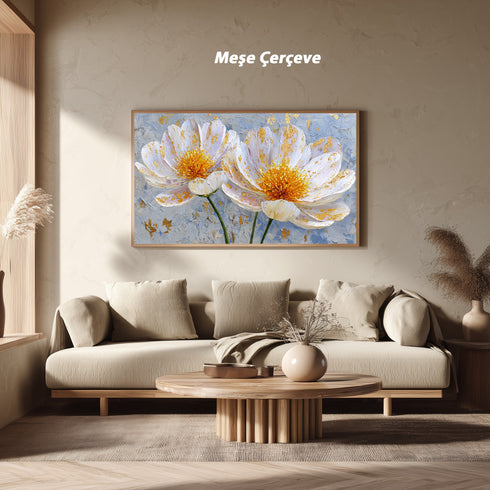 Altın Varaklı Beyaz Çiçekler Tablosu Modern Soyut Kanvas Duvar Dekoru Salon Yatak Odası İçin Büyük Boy Lüks Çiçek Tablo