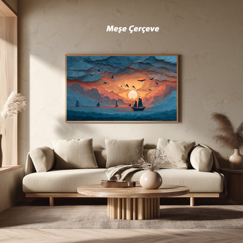 Bulutlar Arasında Gün Batımı ve Yelkenli Tablosu Soyut Deniz Manzarası Modern Kanvas Duvar Dekoru Salon Ofis Yatak Odası İçin Büyük Boy Sanatsal Tasarım