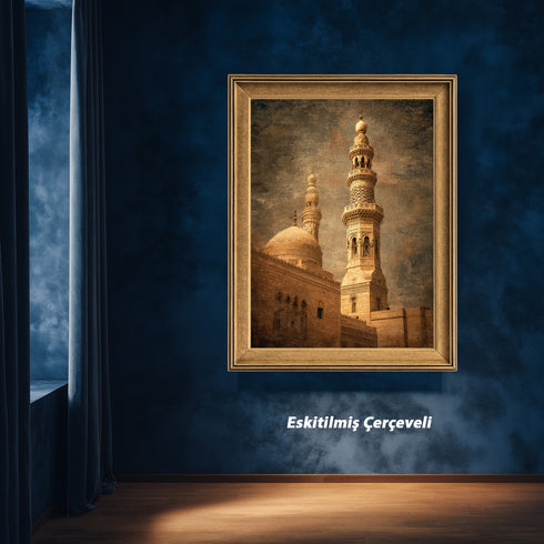 Tarihi Cami Minaresi ve Kubbe Kanvas Tablo – Osmanlı Mimari Temalı İslami Duvar Dekoru, Dini ve Klasik Salon Tablosu