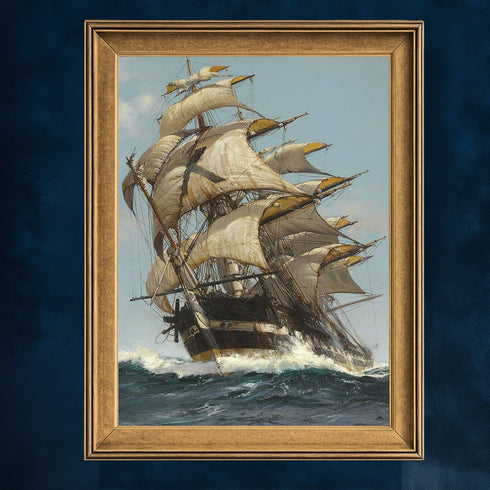 Fırtınalı Denizde Yelkenli Gemi Suluboya Sanat Baskısı, Denizcilik ve Macera Temalı Klasik Tablo Duvar Dekoru