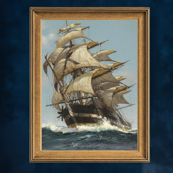Fırtınalı Denizde Yelkenli Gemi Suluboya Sanat Baskısı, Denizcilik ve Macera Temalı Klasik Tablo Duvar Dekoru