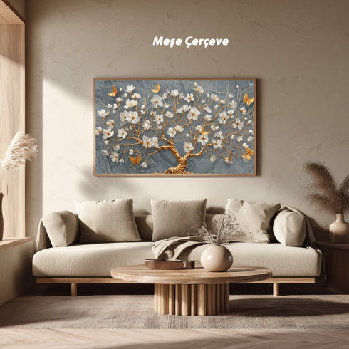Gri Mermer Zeminli Altın Dallı Beyaz Çiçekli Ağaç Tablosu Kelebekli Lüks Modern Kanvas Duvar Dekoru Salon İçin Şık Tasarım