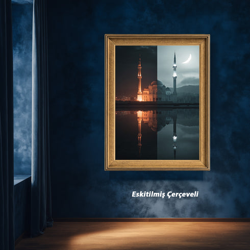 Gece ve Hilal Işığında Camii Kanvas Tablo – İslami Duvar Dekoru, Dini Mimari Sanat Eseri, Modern ve Klasik Ev Dekorasyonu