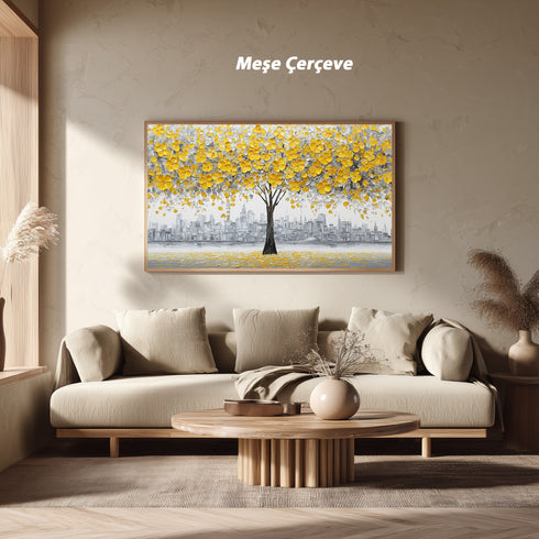Sarı Çiçekli Ağaç ve Gri Şehir Silüeti Tablosu Modern Soyut Kanvas Duvar Dekoru Salon Ofis İçin Büyük Boy Şık Tasarım