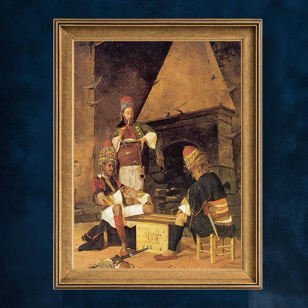 Tavla Oynayan Zeybekler, Osmanlı Dönemi Kıyafetleriyle Geleneksel Kahvehane Sahnesini Yansıtan Nostaljik Sanat Tablosu