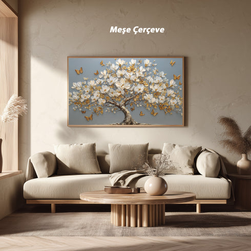Altın Kelebekli Beyaz Manolya Ağacı Tablosu Lüks Modern Kanvas Duvar Dekoru Salon Yatak Odası ve Oturma Odası İçin Şık Tasarım
