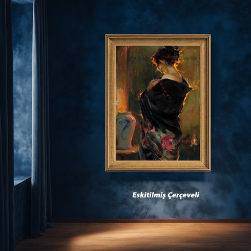 Arkadan Görünümlü Zarif Kadın Portresi, Duygusal Derinlik ve Dramatik Işıkla Yorumlanmış Modern ve Estetik Sanat Tablosu