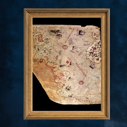 Piri Reis Tarihi Deniz Haritası ve Keşif Roteleri, Antik Kartografya Detaylarıyla Oryantal ve Nostaljik Dünya Haritası Sanat Eseri