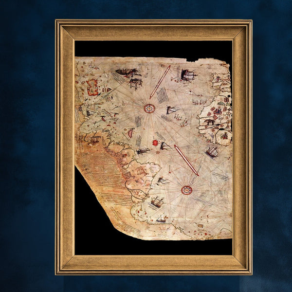 Piri Reis Tarihi Deniz Haritası ve Keşif Roteleri, Antik Kartografya Detaylarıyla Oryantal ve Nostaljik Dünya Haritası Sanat Eseri