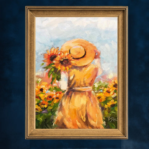 Ayçiçekleri Arasında Şapkalı Kadın, Yaz Esintili Romantik Kırsal Sahneyle Sıcak ve Huzur Veren Sanat Tablosu