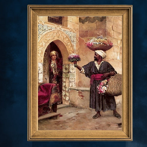 Oryantal Günlük Yaşam Sahnesi Sanat Tablosu Poster, Çiçek Satıcısı ve Osmanlı Mimarisinde Kadın Figürlü Klasik Duvar Sanatı