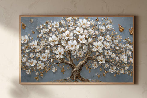 Altın Detaylı Beyaz Çiçekli Ağaç Tablosu Kelebekli Modern Kanvas Duvar Dekoru, Dokulu Salon Yatak Odası Büyük Boy Tablo