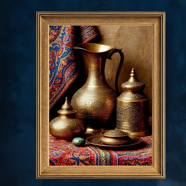 Oryantal Pirinç Sürahi ve Antika Kaplar Sanat Baskısı, El İşçiliği Detaylı Doğu Natürmortu ile Klasik Duvar Dekoru