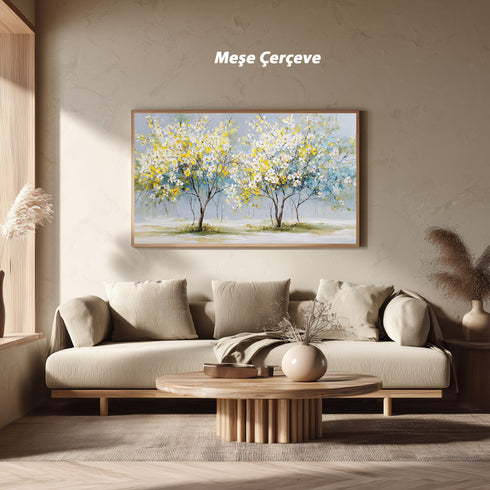Sarı Beyaz Çiçekli Ağaç Tablosu Modern Soyut Kanvas Duvar Dekoru, Salon Yatak Odası İçin Büyük Boy Manzara Tablo