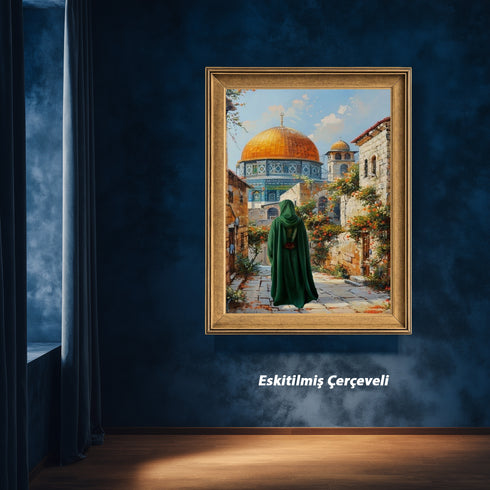 Kubbetüs Sahra ve Mescid-i Aksa Manzaralı Kanvas Tablo – Kudüs Temalı İslami Duvar Dekoru, Dini ve Manevi Atmosferli Salon Tablosu