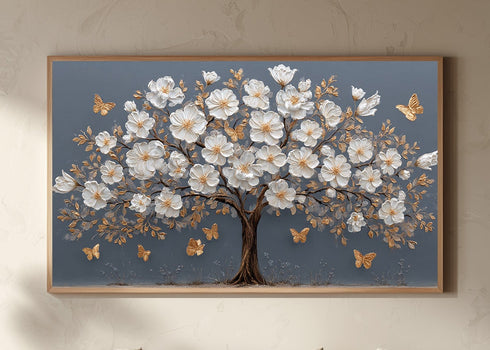 Beyaz Çiçekli Ağaç Tablosu Altın Yapraklı Kelebekli Kanvas Duvar Dekoru, Modern Dokulu Salon Yatak Odası Tablo