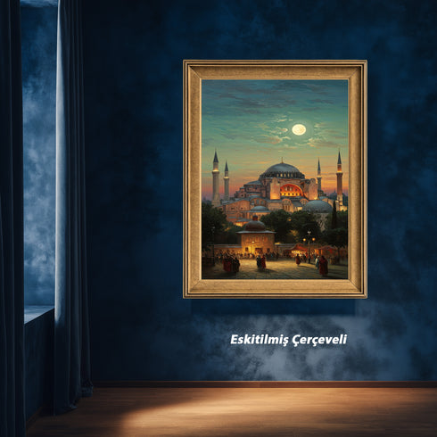 Ayasofya Camii Dolunay Manzaralı Kanvas Tablo – İstanbul Temalı İslami Duvar Dekoru, Dini ve Tarihi Atmosferli Salon Tablosu
