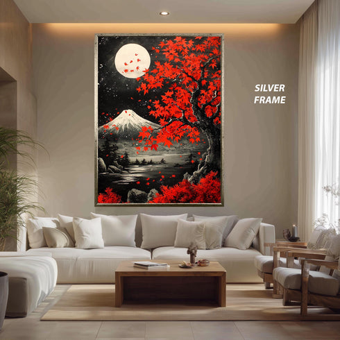 Japanese Maple Tree and Mount Fuji Moonlight Landscape Wall Art Print, Red Autumn Tree Japan Poster, Zen Nature Painting Decor