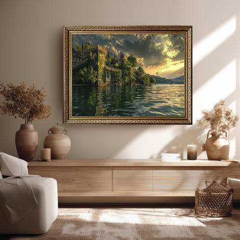 Istanbul Bosphorus Sunset Canvas Art, Rumeli Fortress and Bridge Print, Historical Landscape Wall Decor for Travel-Inspired Interiors