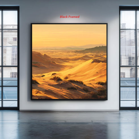Sahara Desert Canvas Wall Art, Golden Sunset Sand Dunes Print, Large Landscape Print, Warm Orange Boho Decor, Camel Caravan Art