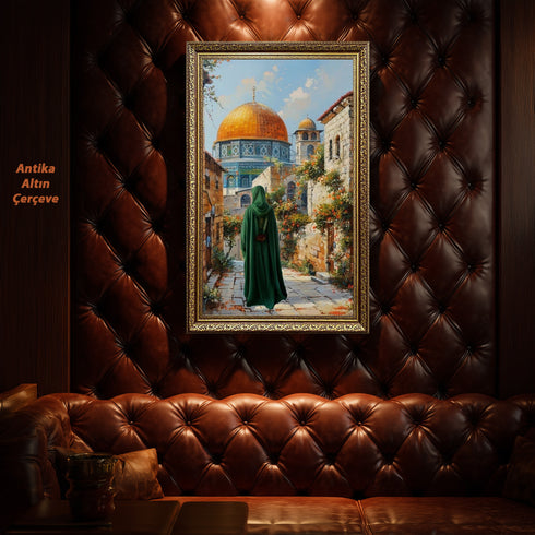 Kubbetüs Sahra ve Mescid-i Aksa Manzaralı Kanvas Tablo – Kudüs Temalı İslami Duvar Dekoru, Dini ve Manevi Atmosferli Salon Tablosu