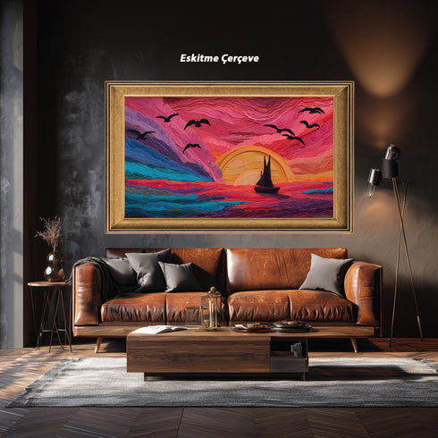 Kızıl Gün Batımı ve Yelkenli Tablosu Soyut Deniz Manzarası Modern Kanvas Duvar Dekoru Salon Ofis Yatak Odası İçin Büyük Boy Sanatsal Tasarım