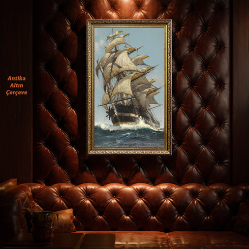 Fırtınalı Denizde Yelkenli Gemi Suluboya Sanat Baskısı, Denizcilik ve Macera Temalı Klasik Tablo Duvar Dekoru