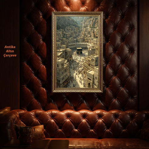 Eski Kabe-i Muazzama ve Mekke Şehir Manzarası Kanvas Tablo – Hac ve Umre Temalı İslami Duvar Dekoru, Dini ve Manevi Salon Tablosu