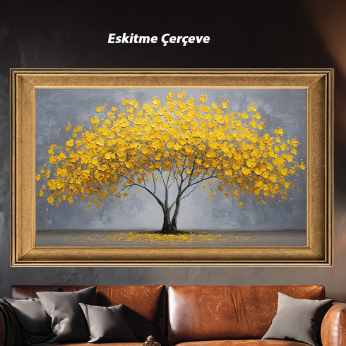 Sarı Yapraklı Minimalist Hayat Ağacı Tablosu Modern Soyut Kanvas Duvar Dekoru Salon Ofis Yatak Odası İçin Büyük Boy Şık Tasarım