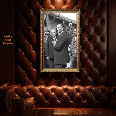 Atatürk Kanvas Tablo Tarihi Ziyaret Anı Siyah Beyaz Mustafa Kemal Atatürk Halk İçinde Güçlü Liderlik Duvar Dekoru Sanat