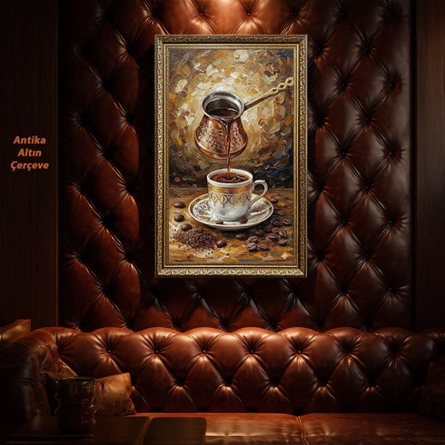 Türk Kahvesi Ritüeli Yağlı Boya Sanat Baskısı, Cezveden Fincana Akan Kahve ile Geleneksel ve Sıcak Duvar Dekoru