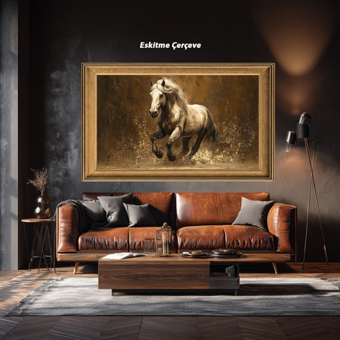 Koşan Beyaz At Tablosu Altın Tonlu Arka Planlı Modern Kanvas Duvar Dekoru, Salon Ofis İçin Büyük Boy At Figürlü Tablo