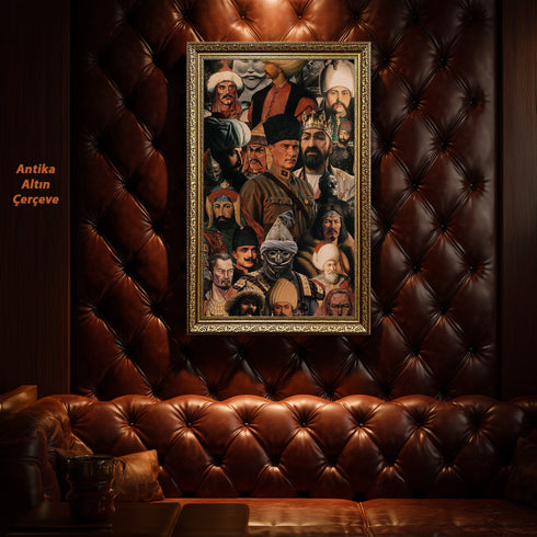 Türk ve Orta Asya Tarihi Liderler Kolaj Sanat Tablosu Poster, Alp Er Tunga’dan Osmanlı’ya Uzanan Epik Figürlü Duvar Sanatı