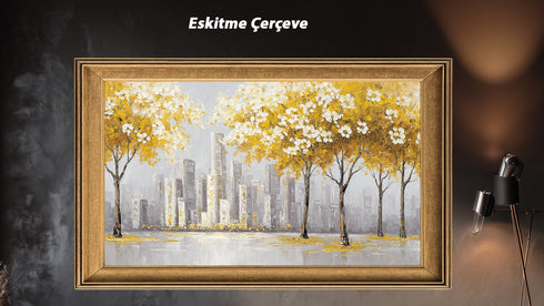 Sarı Yapraklı Ağaç ve Şehir Manzarası Tablosu Modern Soyut Kanvas Duvar Dekoru, Salon Ofis İçin Büyük Boy Tablo