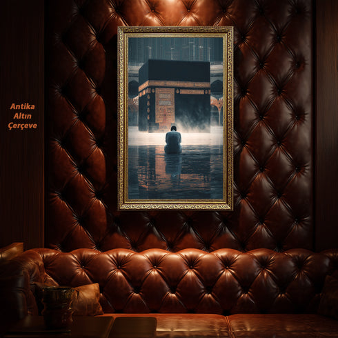 Kabe-i Muazzama Önünde Dua Eden Müslüman Kanvas Tablo – Mekke Temalı İslami Duvar Dekoru, Dini ve Manevi Atmosferli Salon Tablosu