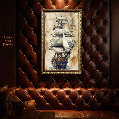 Antik Yelkenli Gemi ve Deniz Haritası Sanat Baskısı, Keşif ve Denizcilik Temalı Vintage İllüstrasyon Duvar Dekoru