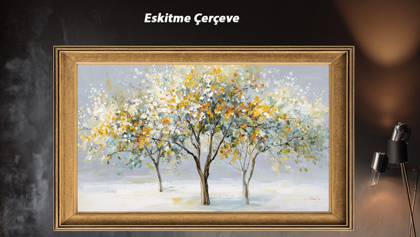 Soyut Ağaç Tablosu Sarı Mavi Yapraklı Modern Kanvas Duvar Dekoru, Salon Yatak Odası İçin Büyük Boy Manzara Tablo