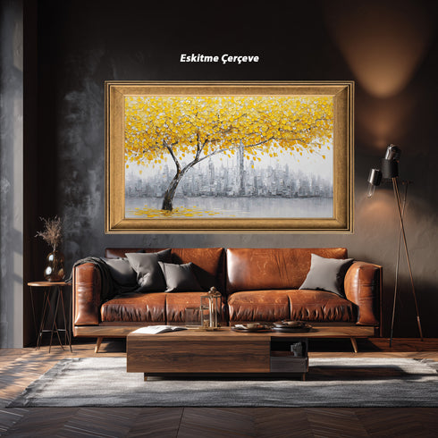 Sarı Yapraklı Ağaç ve Gri Şehir Manzarası Tablosu Modern Soyut Kanvas Duvar Dekoru Salon Ofis İçin Büyük Boy Tas