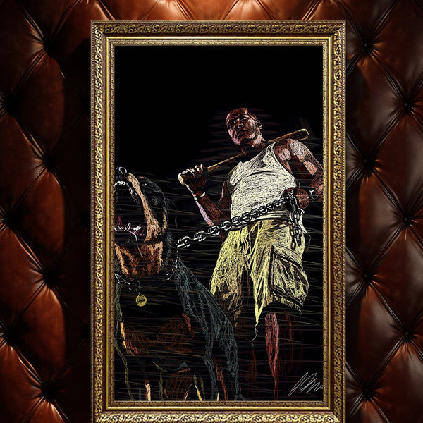 GTA 5 Franklin ve Chop Köpek Scribble Art Kanvas Tablo | Grand Theft Auto V Oyuncu Duvar Sanatı | Rottweiler ve Beyzbol Sopası Kanvas Tablo