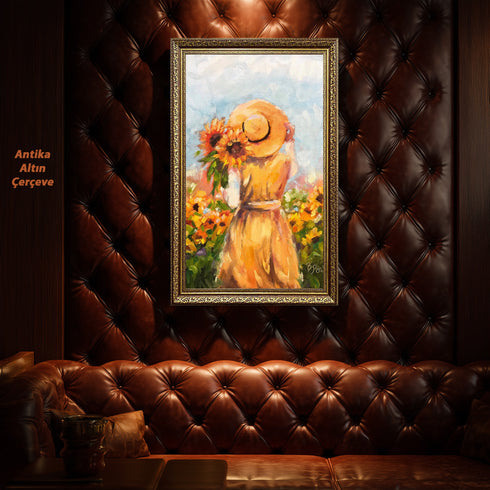 Ayçiçekleri Arasında Şapkalı Kadın, Yaz Esintili Romantik Kırsal Sahneyle Sıcak ve Huzur Veren Sanat Tablosu