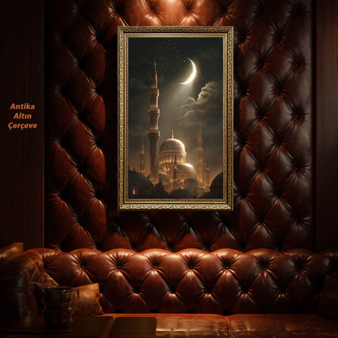 Hilal ve Yıldızlı Gece Camii Kanvas Tablo – Altın Işıltılı İslami Duvar Dekoru, Dini ve Manevi Atmosferli Salon Tablosu